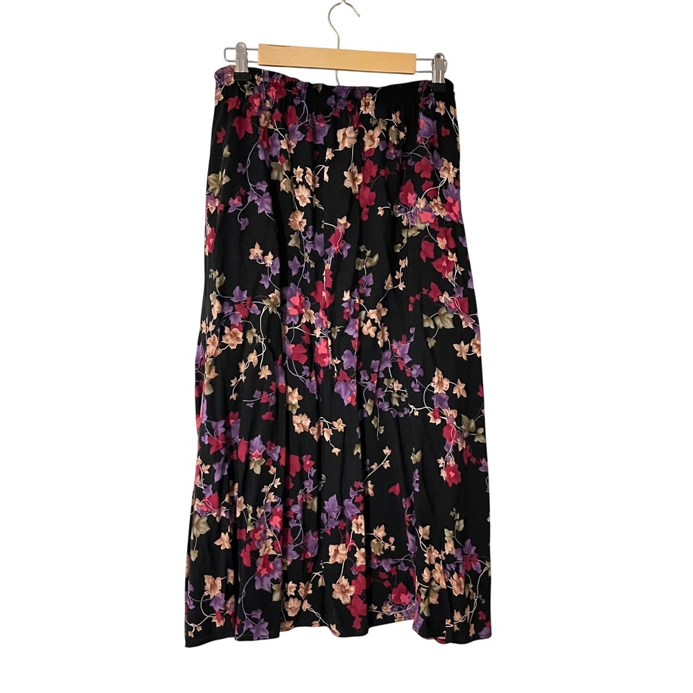220 Hickory Vintage Floral Ivy Maxi Skirt Black Purple Pink Elastic Waist READ!